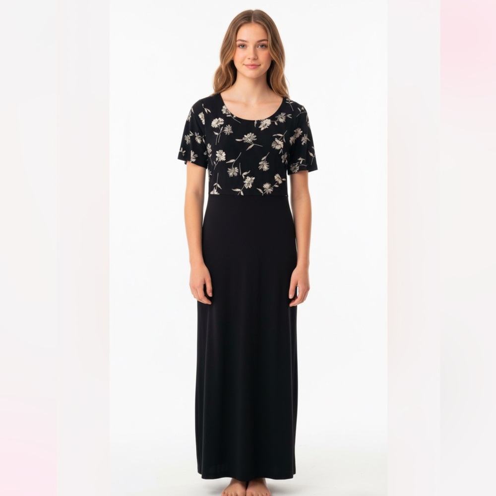 VINTAGE ERIKA STUDIO 90’S GRUNGE WHIMSIGOTH MAXI BLACK FLORAL DRESS W/ TIE WAIST